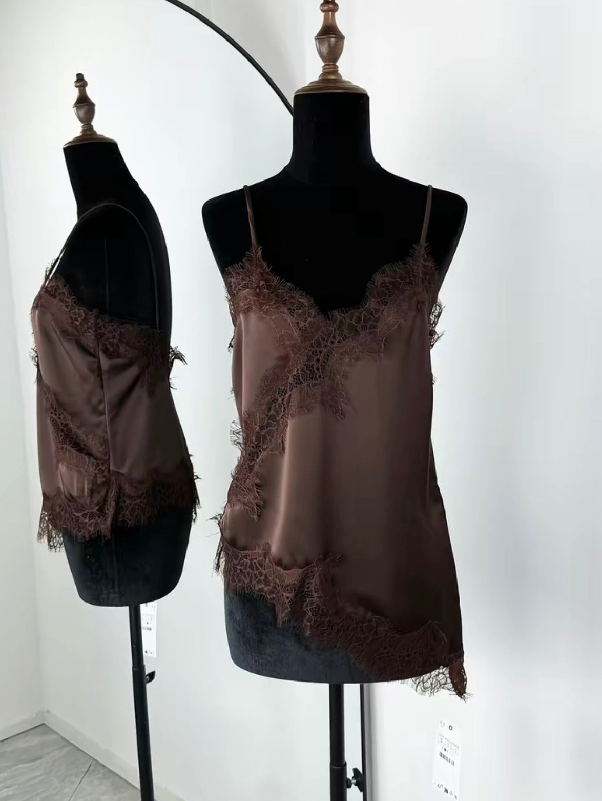 Womens Retro Hem Lace Trim Top, Satin Camisole, Casual Top