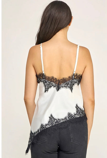 Womens Retro Hem Lace Trim Top, Satin Camisole, Casual Top