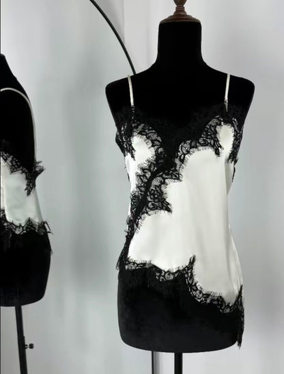 Womens Retro Hem Lace Trim Top, Satin Camisole, Casual Top