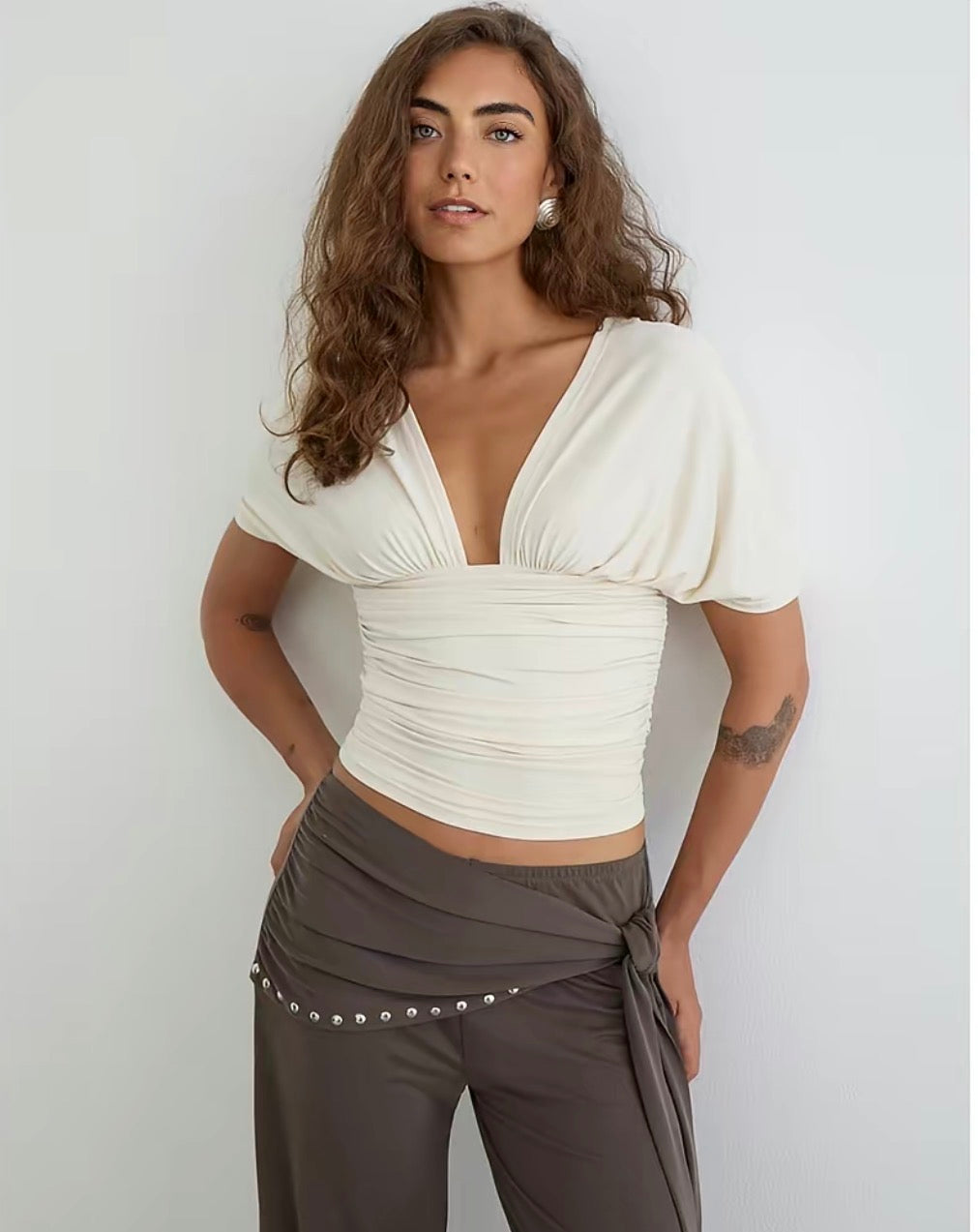 Plunge Batwing Top in Cupro Cream