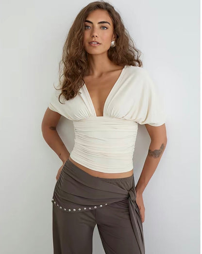 Plunge Batwing Top in Cupro Cream